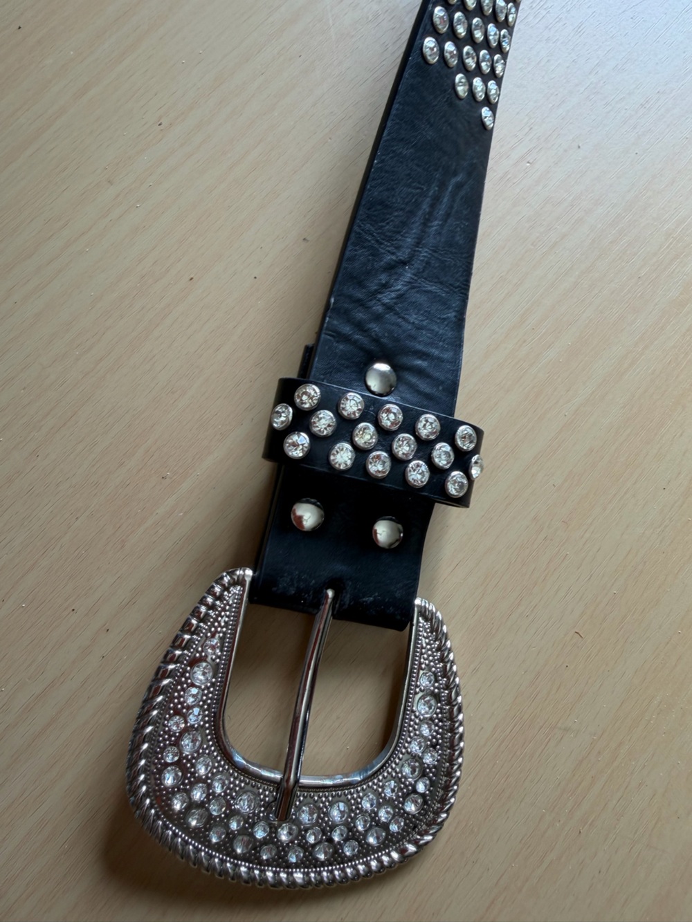 Black Studded Western Belt with Rhinestone Buckle